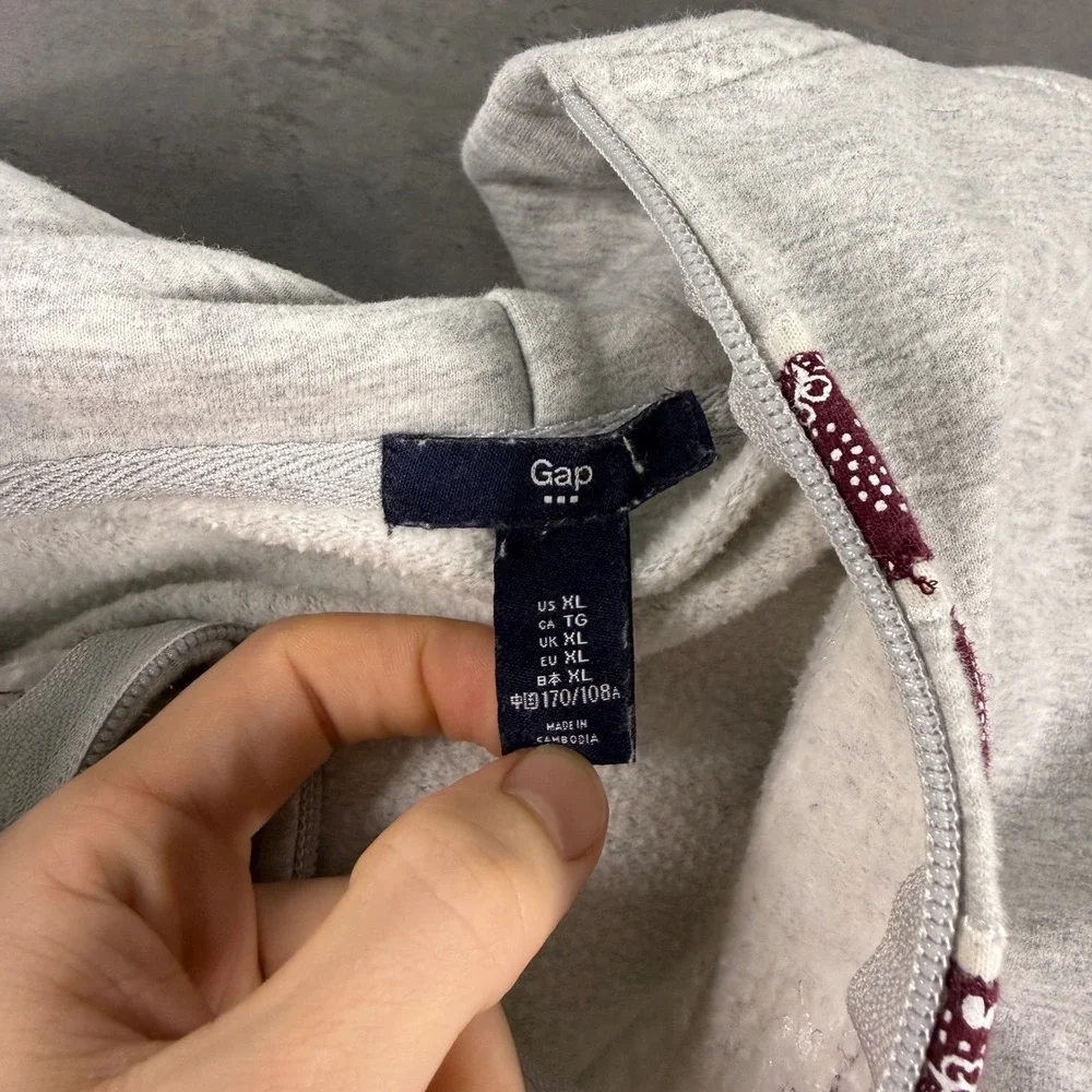 Gap Zip Up Hoodie XL Gray Wine Paisley Logo‎ Fleece Raglan Sweatshirt Babydoll